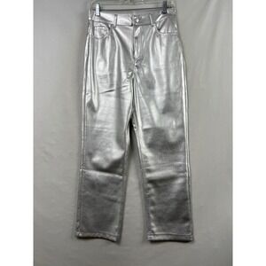 Haute Monde Metallic Silver Faux Leather Pant Women L New Straight Leg High Rise